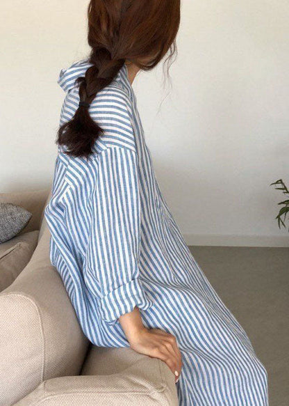 Modern Blue Peter Pan Collar Striped Cotton Shirts Dress Spring LY2654 - fabuloryshop