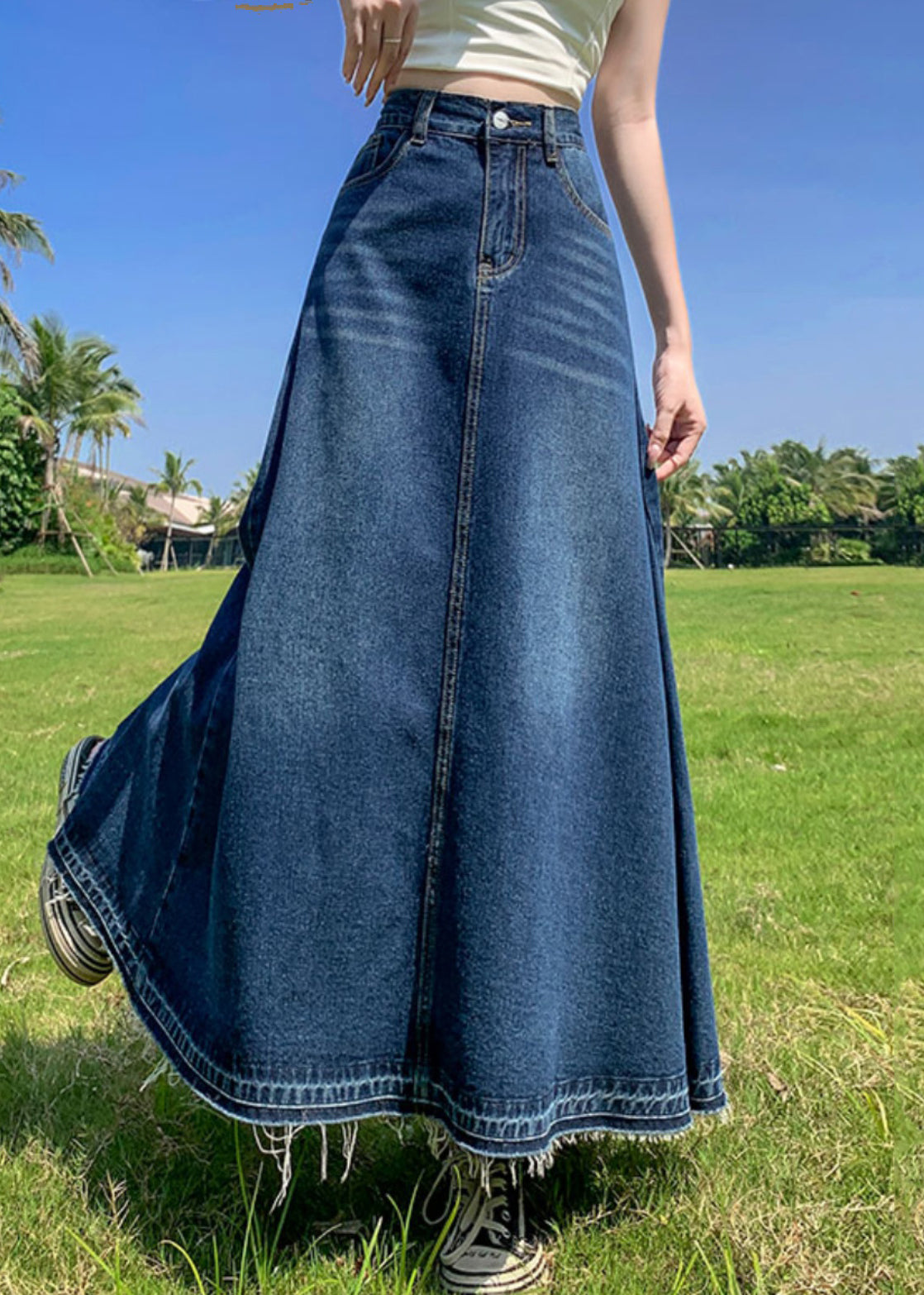 Modern Blue Pockets High Waist Patchwork Denim A Line Skirts Summer Ada Fashion