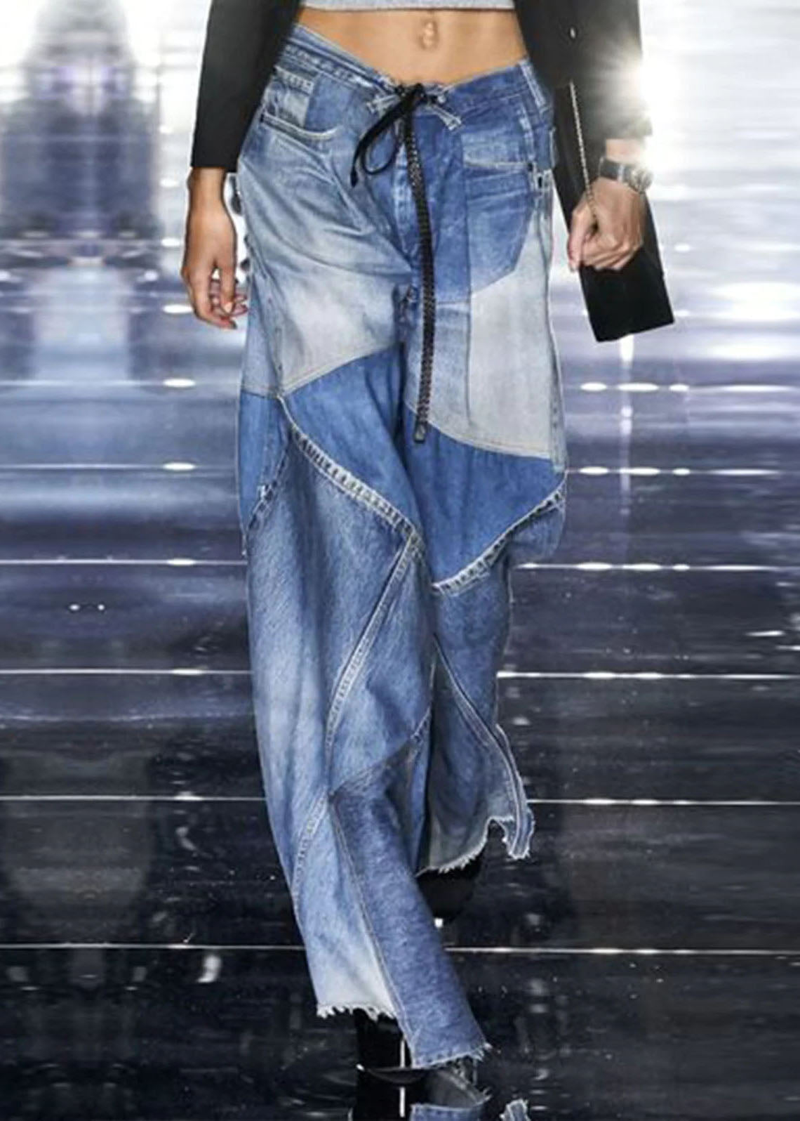 Modern Blue Pockets Patchwork Denim Wide Leg Pants Spring LY3948 - fabuloryshop