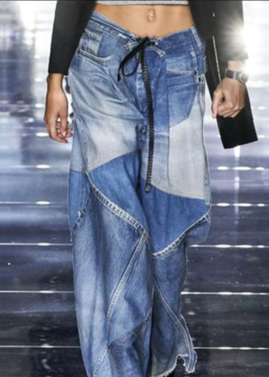 Modern Blue Pockets Patchwork Denim Wide Leg Pants Spring LY3948 - fabuloryshop