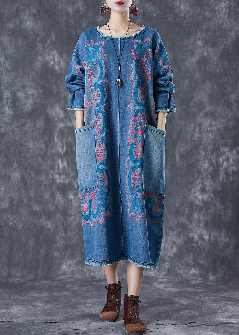 Modern Blue Print Patchwork Pockets Denim Maxi Dresses Fall TD1047