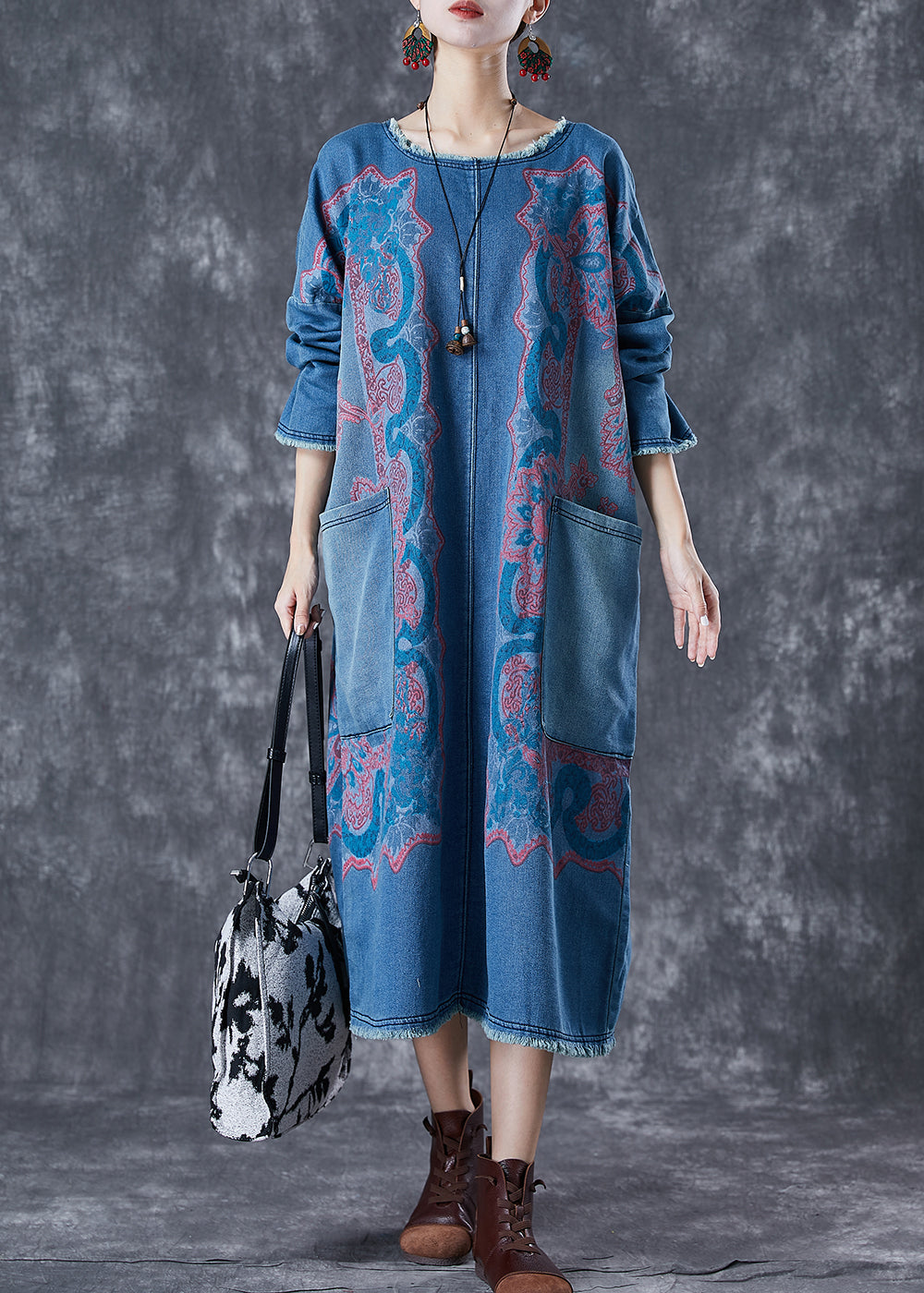 Modern Blue Print Patchwork Pockets Denim Maxi Dresses Fall TD1047