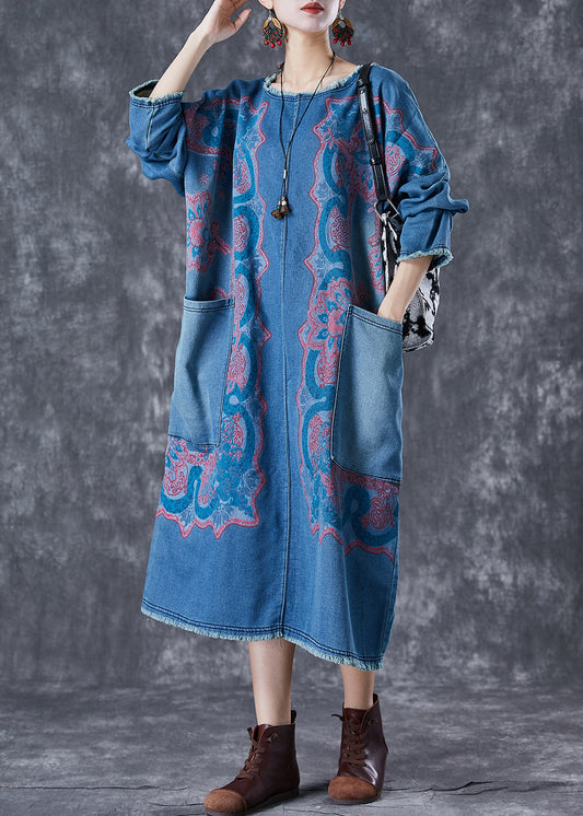 Modern Blue Print Patchwork Pockets Denim Maxi Dresses Fall TD1047 - fabuloryshop