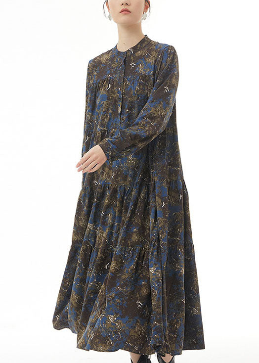 Modern Blue Stand Collar Print Wrinkled Patchwork Cotton Dresses Spring LY1152 - fabuloryshop