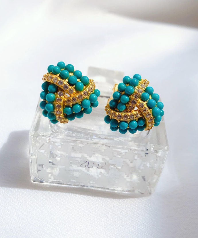 Modern Blue Sterling Silver Overgild Inlaid Zircon Turquoise Stud Earrings Ada Fashion