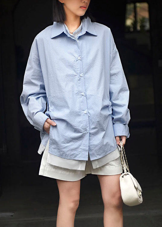 Modern Blue Striped False Two Pieces Patchwork Cotton Shirt Top Spring LY3807 - fabuloryshop