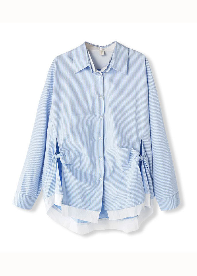 Modern Blue Striped False Two Pieces Patchwork Cotton Shirt Top Spring LY3807 - fabuloryshop