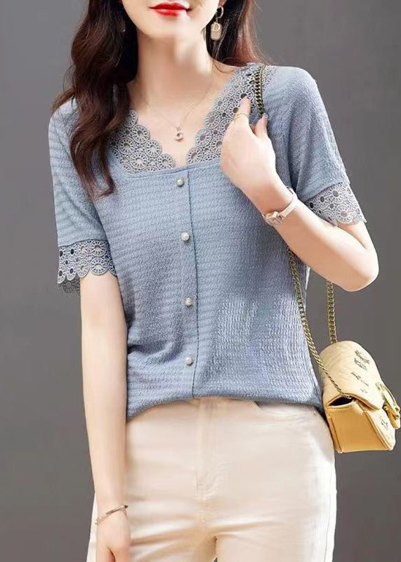 Modern Blue V Neck Hollow Out Lace Patchwork Shirt Summer Ada Fashion