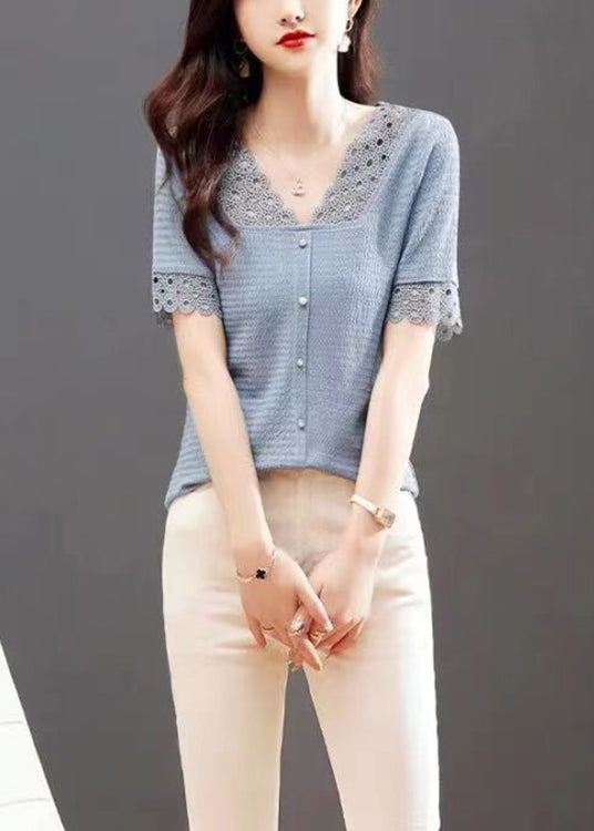 Modern Blue V Neck Hollow Out Lace Patchwork Shirt Summer Ada Fashion