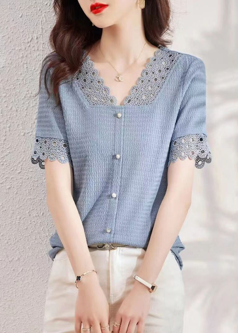 Modern Blue V Neck Hollow Out Lace Patchwork Shirt Summer Ada Fashion