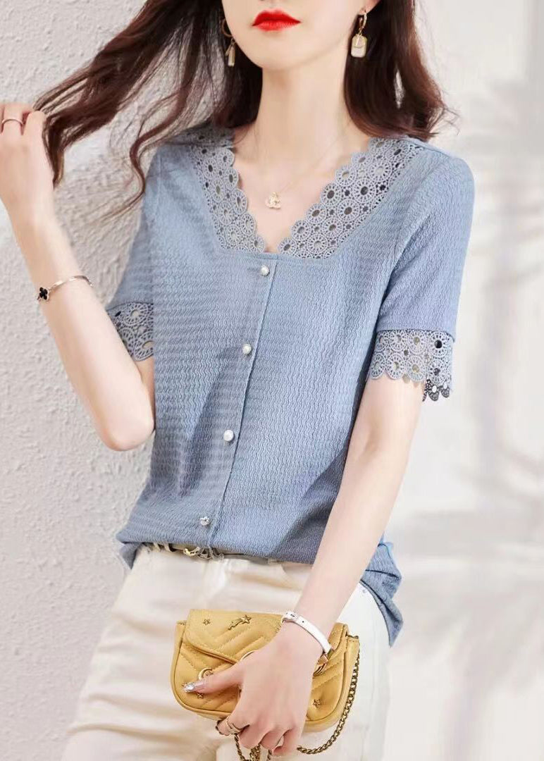 Modern Blue V Neck Hollow Out Lace Patchwork Shirt Summer Ada Fashion