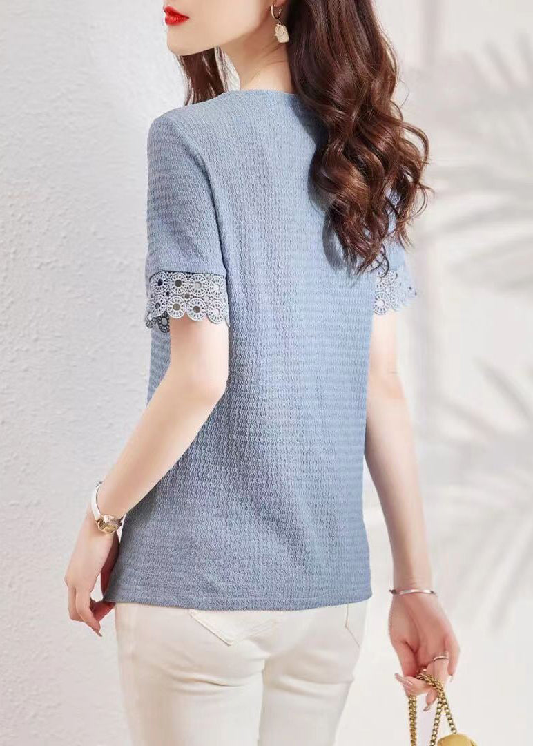 Modern Blue V Neck Hollow Out Lace Patchwork Shirt Summer Ada Fashion