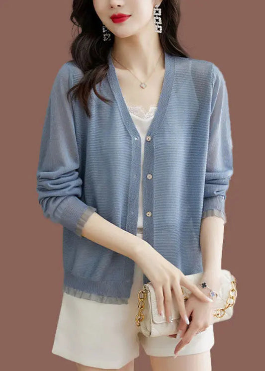 Modern Blue V Neck Lace Patchwork Button Ice Size Knit Cardigans Long Sleeve Ada Fashion