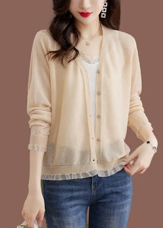 Modern Blue V Neck Lace Patchwork Button Ice Size Knit Cardigans Long Sleeve Ada Fashion
