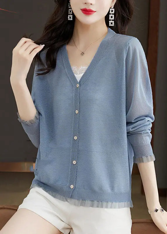 Modern Blue V Neck Lace Patchwork Button Ice Size Knit Cardigans Long Sleeve Ada Fashion