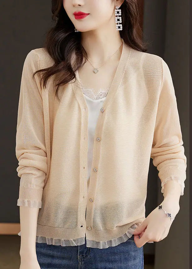 Modern Blue V Neck Lace Patchwork Button Ice Size Knit Cardigans Long Sleeve Ada Fashion