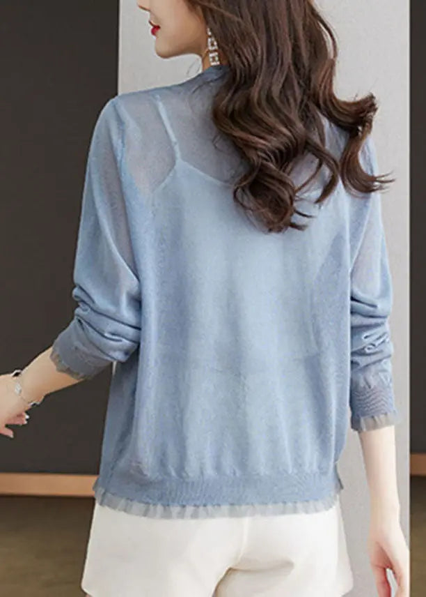 Modern Blue V Neck Lace Patchwork Button Ice Size Knit Cardigans Long Sleeve Ada Fashion