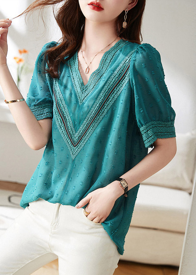 Modern Blue V Neck Patchwork Chiffon T Shirt Short Sleeve LY1487 - fabuloryshop