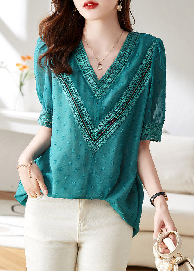 Modern Blue V Neck Patchwork Chiffon T Shirt Short Sleeve LY1487 - fabuloryshop