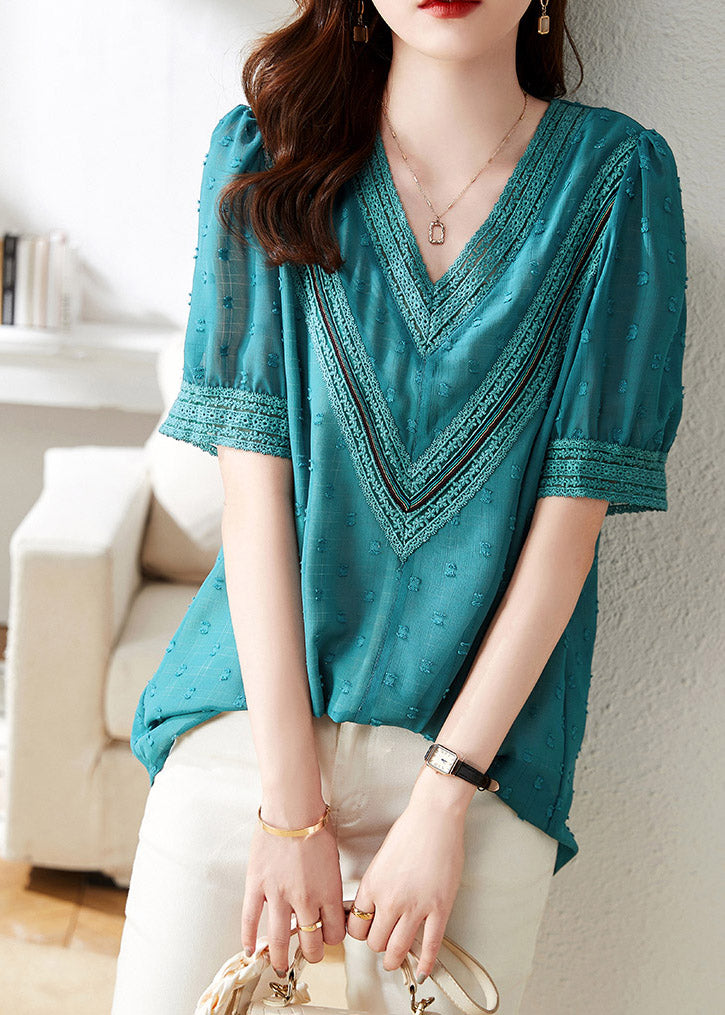 Modern Blue V Neck Patchwork Chiffon T Shirt Short Sleeve LY1487 - fabuloryshop