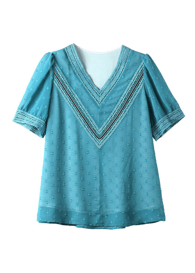 Modern Blue V Neck Patchwork Chiffon T Shirt Short Sleeve LY1487 - fabuloryshop