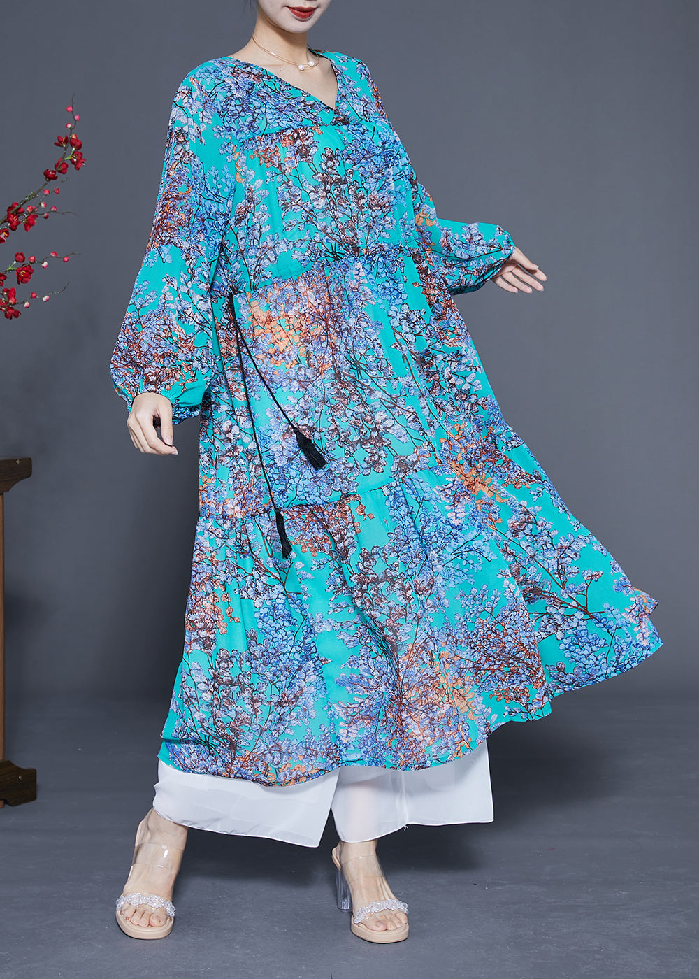 Modern Blue V Neck Patchwork Exra Large Hem Chiffon Long Dresses Spring LY1086 - fabuloryshop