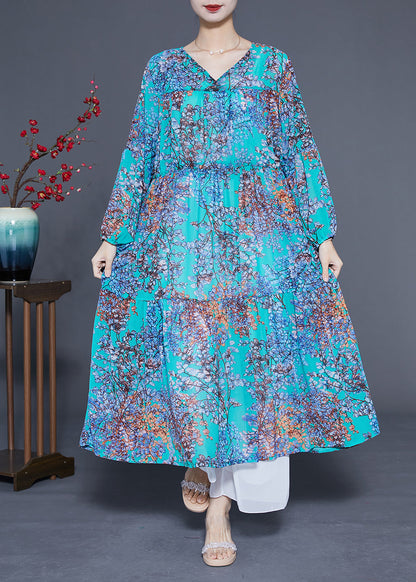 Modern Blue V Neck Patchwork Exra Large Hem Chiffon Long Dresses Spring LC0430 - fabuloryshop