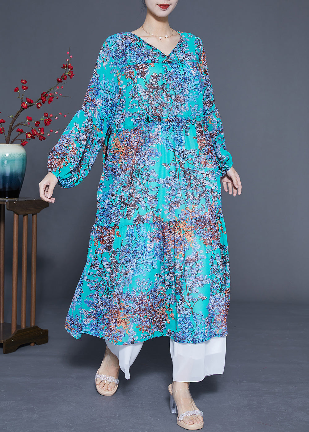 Modern Blue V Neck Patchwork Exra Large Hem Chiffon Long Dresses Spring LY1086 - fabuloryshop