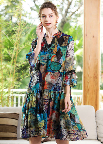 Modern Blue V Neck Patchwork Print Chiffon Party Dress Bracelet Sleeve LY0345 - fabuloryshop