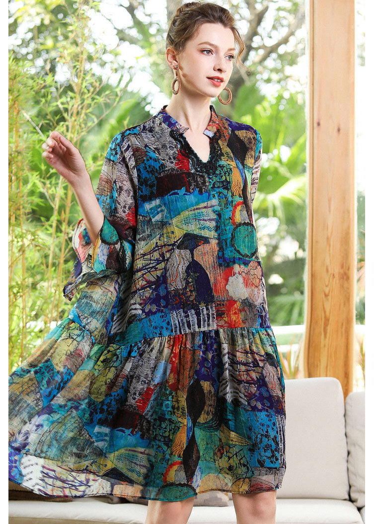 Modern Blue V Neck Patchwork Print Chiffon Party Dress Bracelet Sleeve LY0345 - fabuloryshop