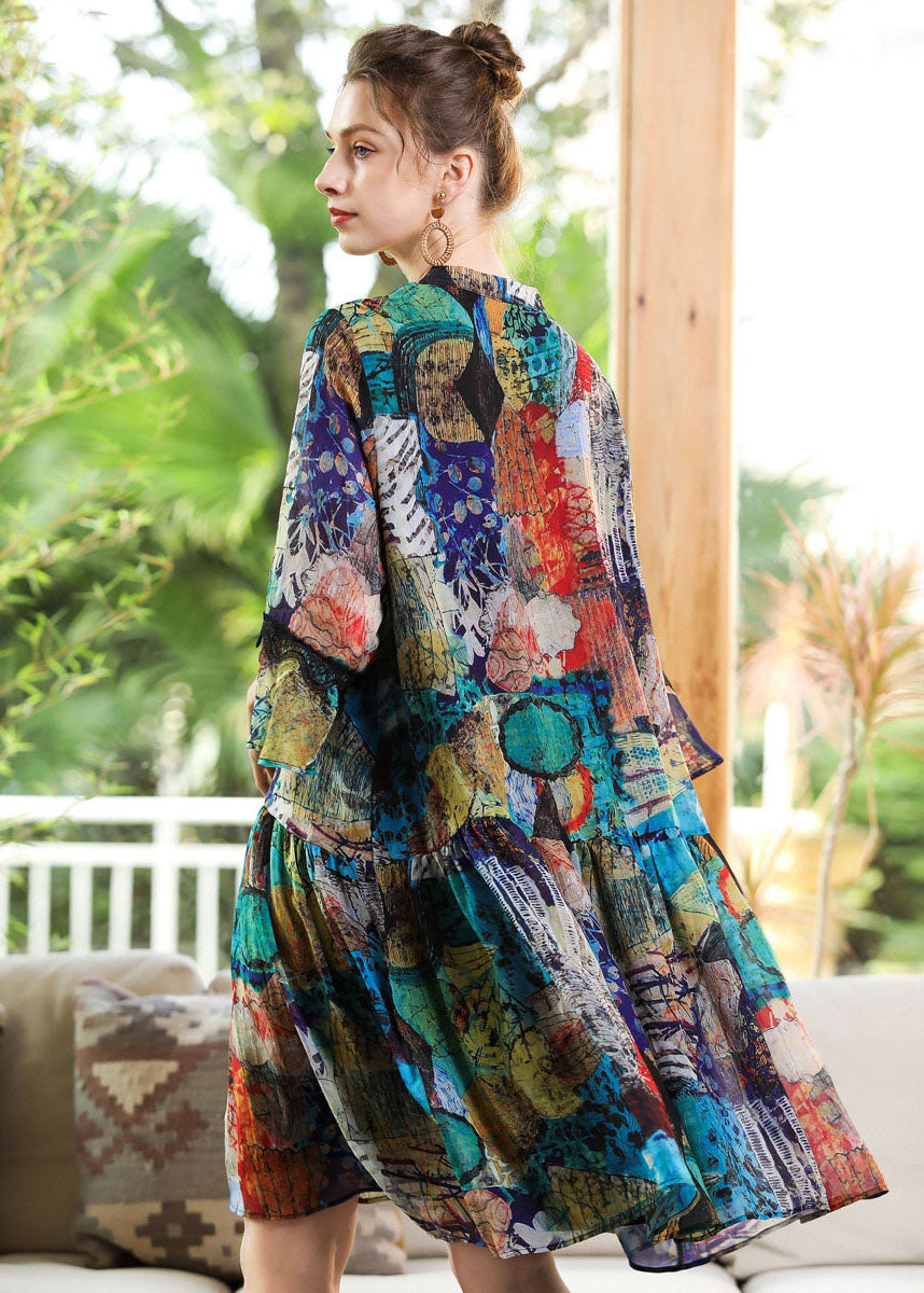 Modern Blue V Neck Patchwork Print Chiffon Party Dress Bracelet Sleeve LY0345 - fabuloryshop