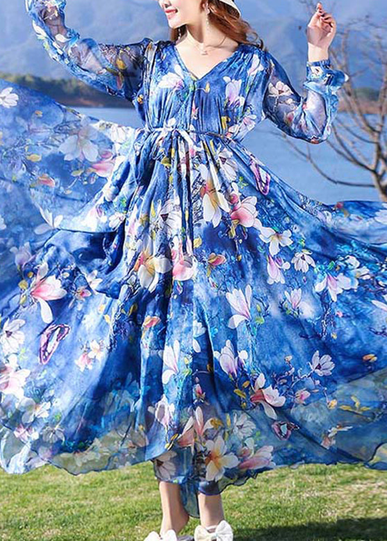 Modern Blue V Neck Print Tie Waist Chiffon Holiday Long Dress Long Sleeve LY1701 - fabuloryshop