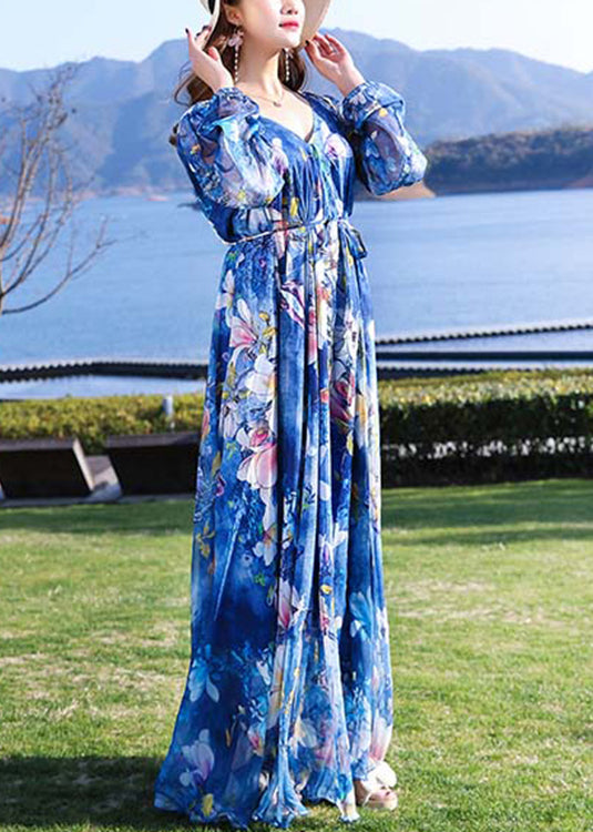 Modern Blue V Neck Print Tie Waist Chiffon Holiday Long Dress Long Sleeve LY1701 - fabuloryshop