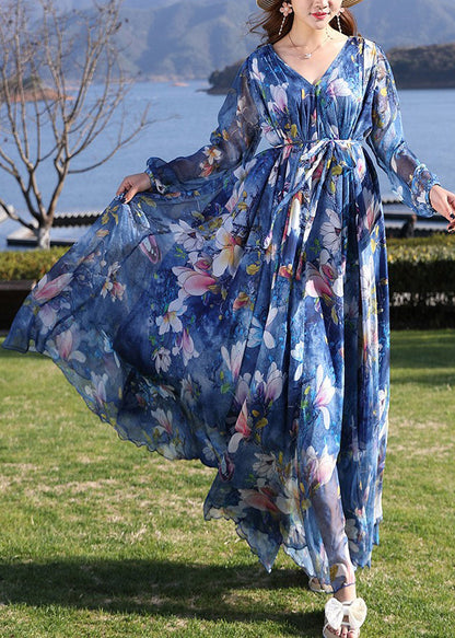 Modern Blue V Neck Print Tie Waist Chiffon Holiday Long Dress Long Sleeve LY1701 - fabuloryshop