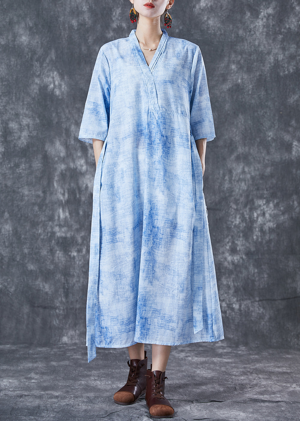 Modern Blue V Neck Tie Dye Linen Cinched Dress Half Sleeve TA1056