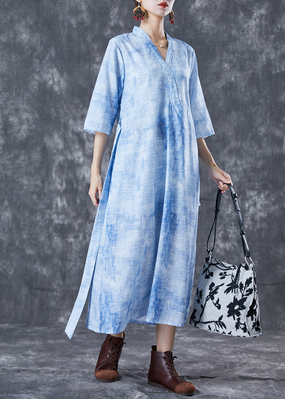 Modern Blue V Neck Tie Dye Linen Cinched Dress Half Sleeve TA1056 - fabuloryshop