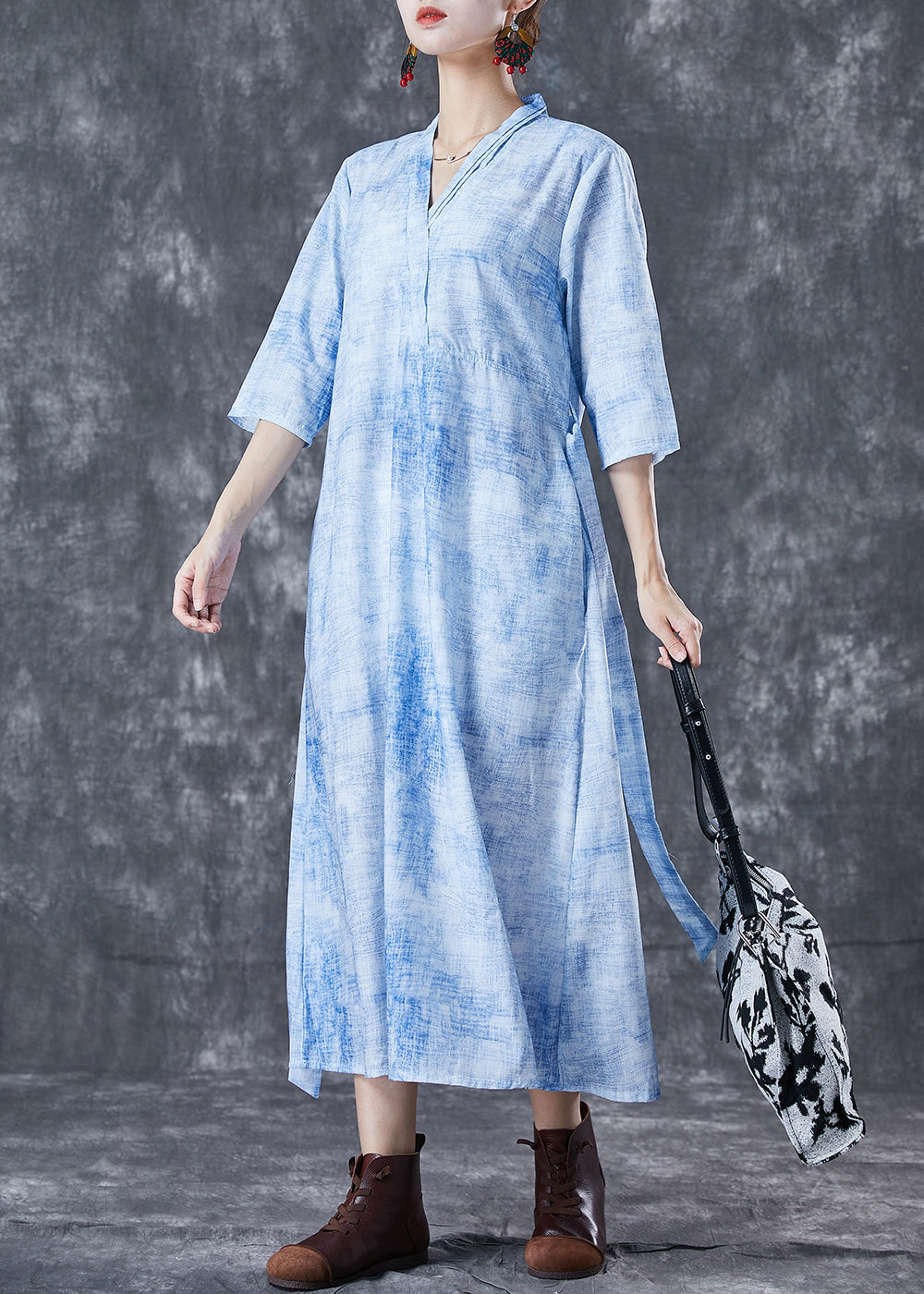 Modern Blue V Neck Tie Dye Linen Cinched Dress Half Sleeve TA1056 - fabuloryshop