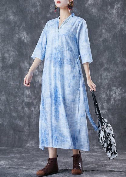 Modern Blue V Neck Tie Dye Linen Cinched Dress Half Sleeve LY5010 - fabuloryshop