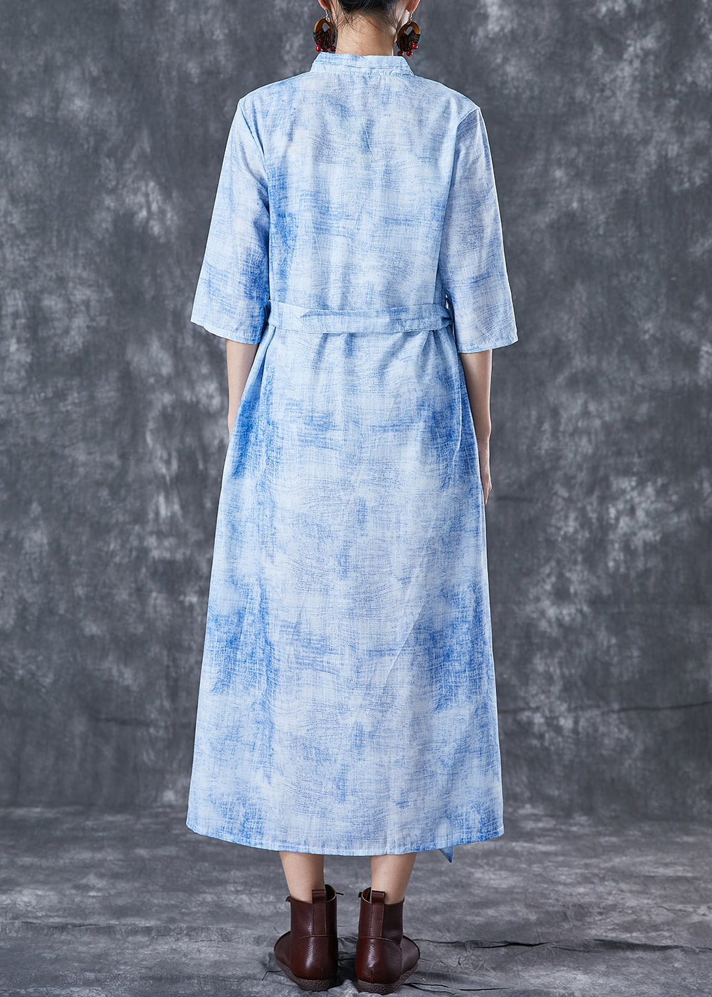 Modern Blue V Neck Tie Dye Linen Cinched Dress Half Sleeve TA1056
