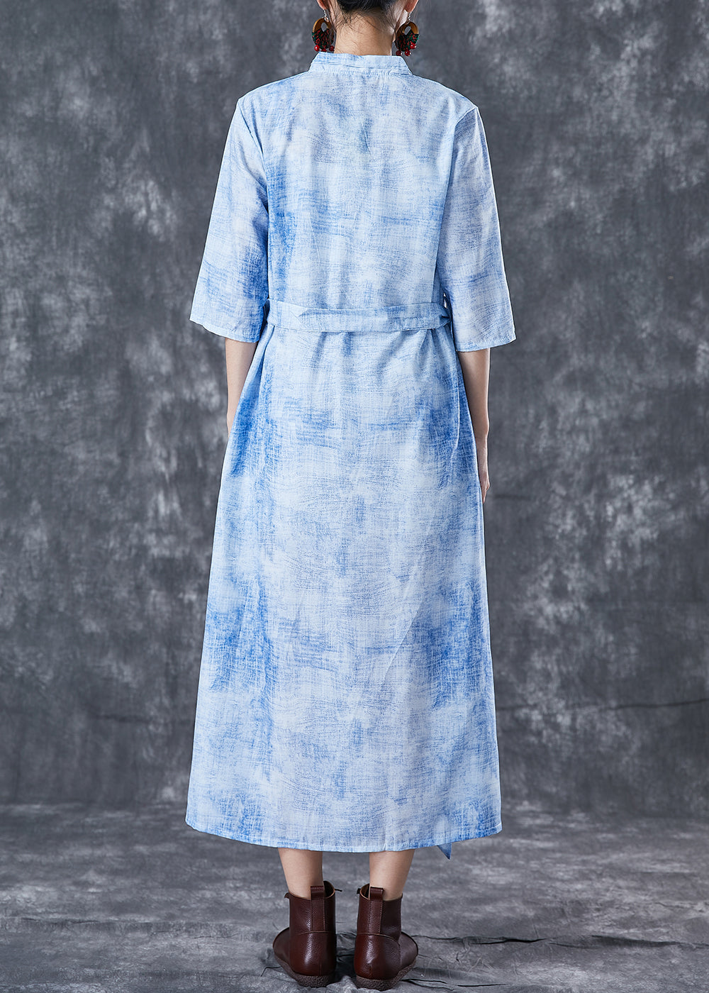 Modern Blue V Neck Tie Dye Linen Cinched Dress Half Sleeve TA1056 - fabuloryshop