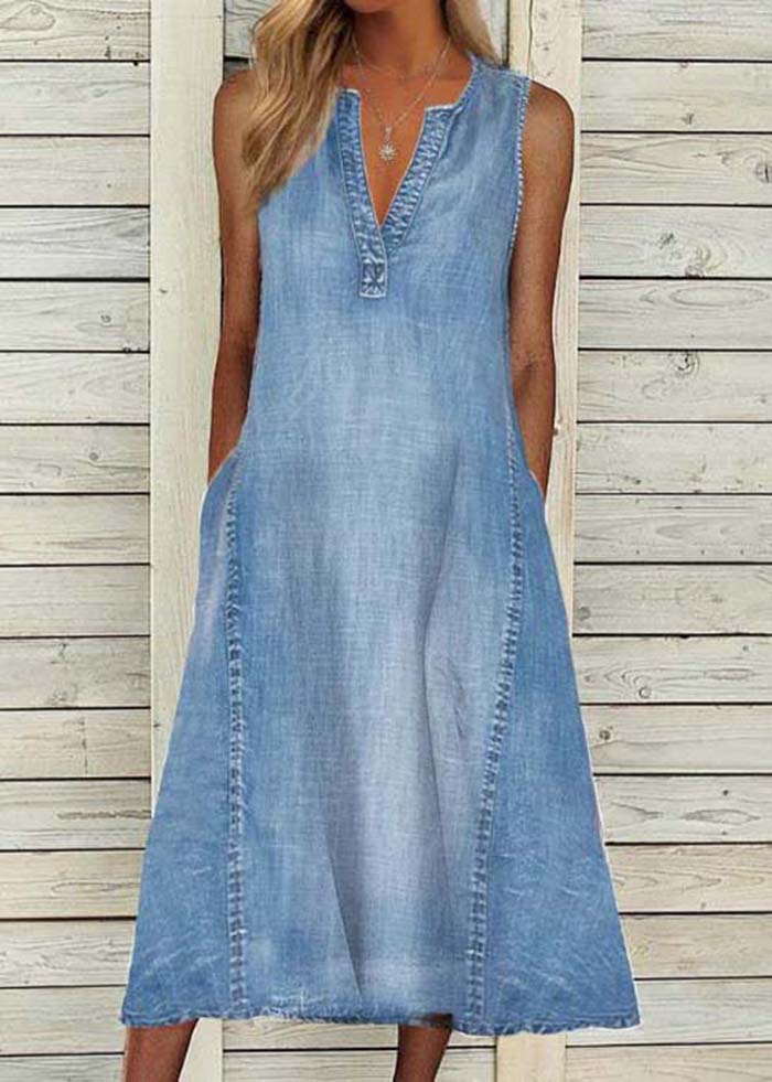 Modern Blue V Neck Washed Denim A Line Dress Sleeveless LY4011 - fabuloryshop