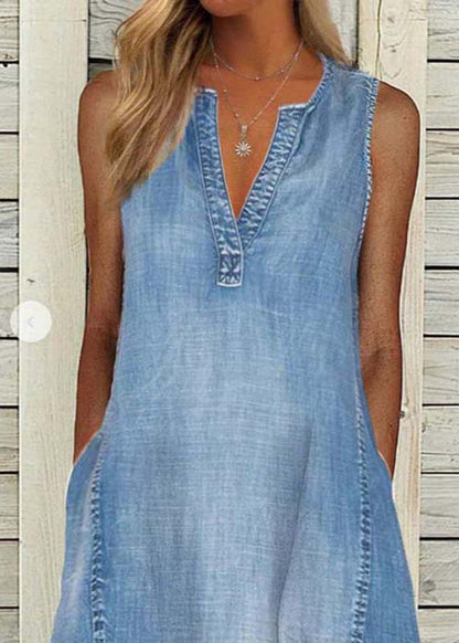 Modern Blue V Neck Washed Denim A Line Dress Sleeveless LY4011 - fabuloryshop