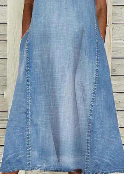 Modern Blue V Neck Washed Denim A Line Dress Sleeveless LY4011 - fabuloryshop