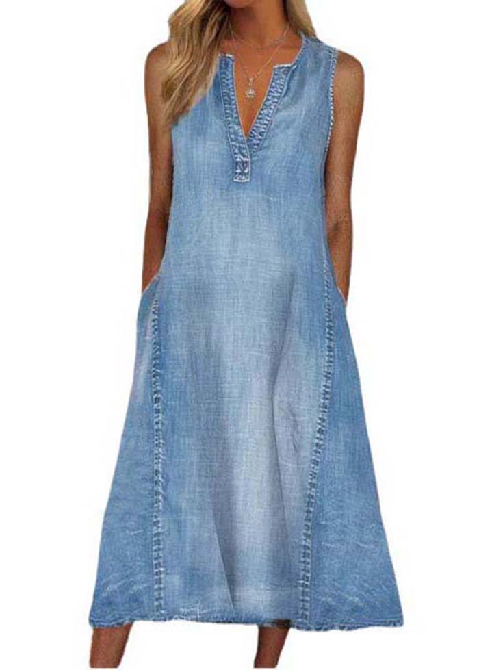 Modern Blue V Neck Washed Denim A Line Dress Sleeveless LY4011 - fabuloryshop