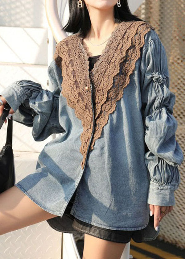 Modern Blue V Neck Wrinkled Lace Patchwork Denim Shirts Coat Spring LY5235 - fabuloryshop