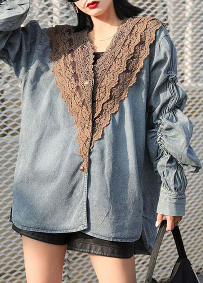 Modern Blue V Neck Wrinkled Lace Patchwork Denim Shirts Coat Spring LY5235 - fabuloryshop