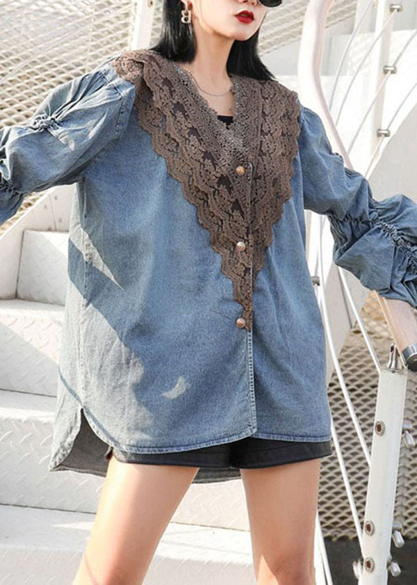 Modern Blue V Neck Wrinkled Lace Patchwork Denim Shirts Coat Spring LY5235 - fabuloryshop