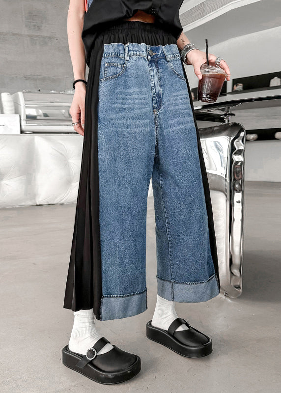 Modern Blue Wrinkled Elastic Waist Patchwork Denim Crop Pants Fall Ada Fashion