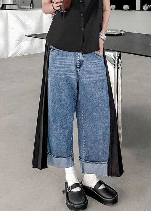 Modern Blue Wrinkled Elastic Waist Patchwork Denim Crop Pants Fall Ada Fashion