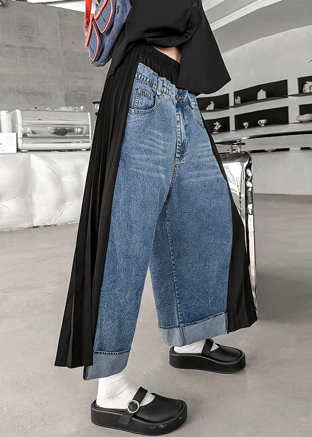 Modern Blue Wrinkled Elastic Waist Patchwork Denim Crop Pants Fall Ada Fashion